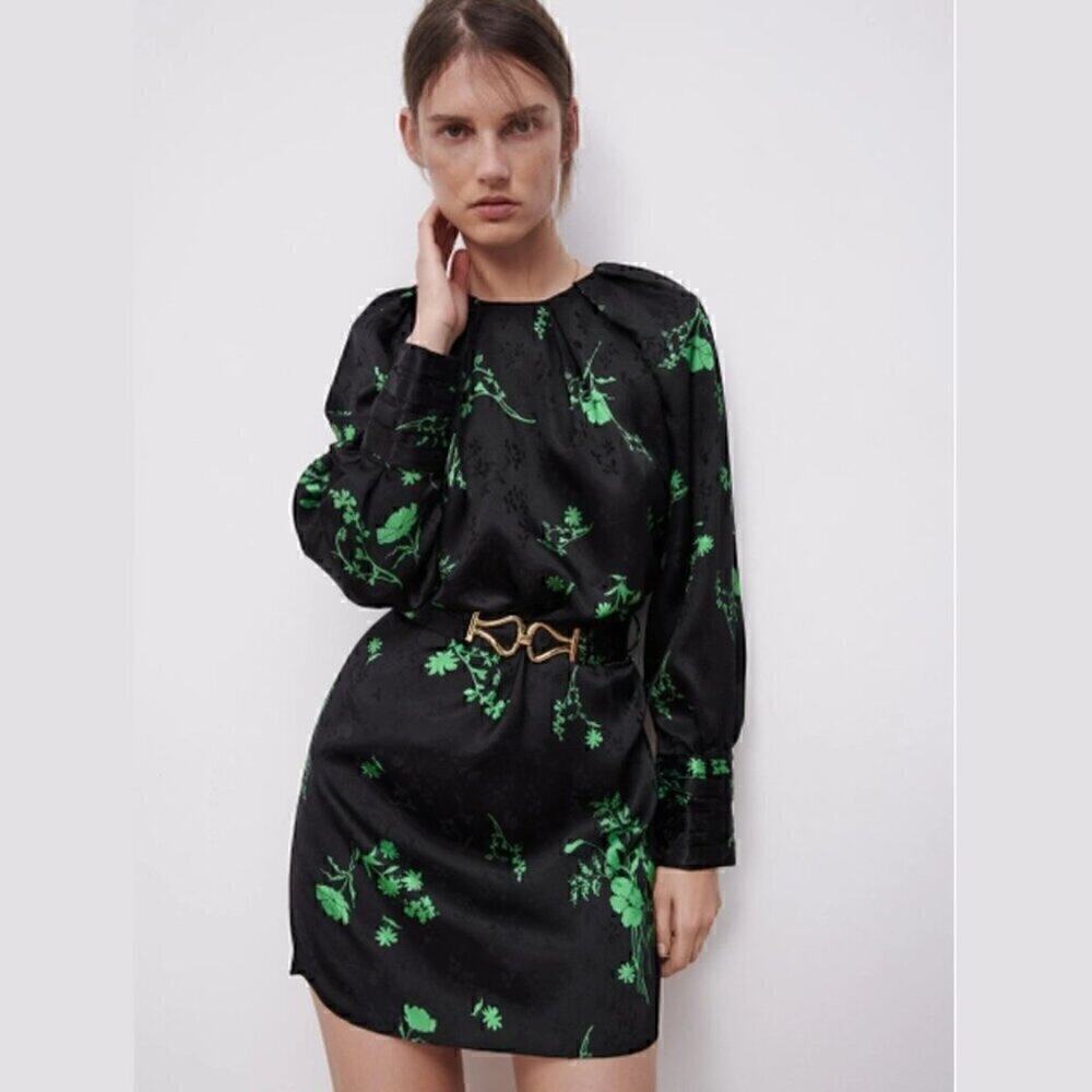 Zara Green Floral Long Sleeve Mini Dress Belted NWT - Picture 12 of 16